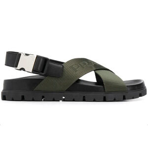 Prada Montana Nastro Criss Cross Strap Buckle Green Black Logo Flat Sandal 35.5